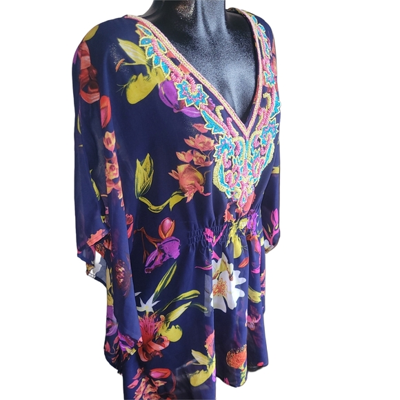 Lucky & Coco Blue Floral Print Beaded V Neck Kaftan Style Beach Cover Up - Picture 3 of 7